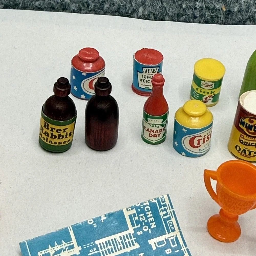 Vintage dollhouse lot miniature‎ kitchen food books his/her towels plates wallet